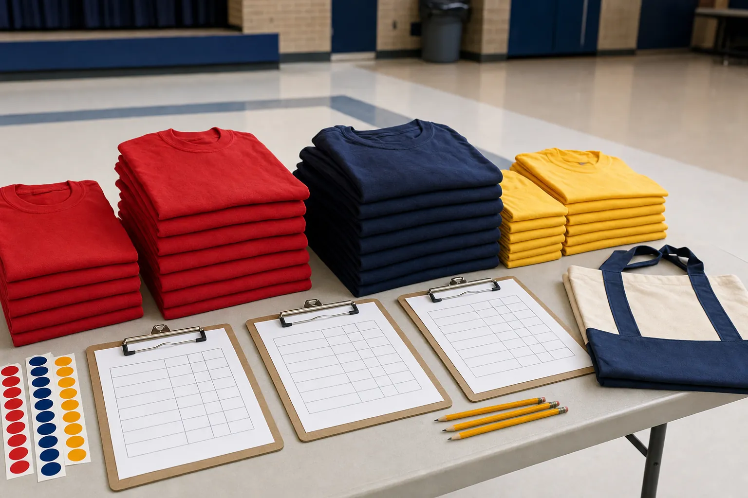 Stacks of red, navy, and gold shirts with size checklists for a school group order