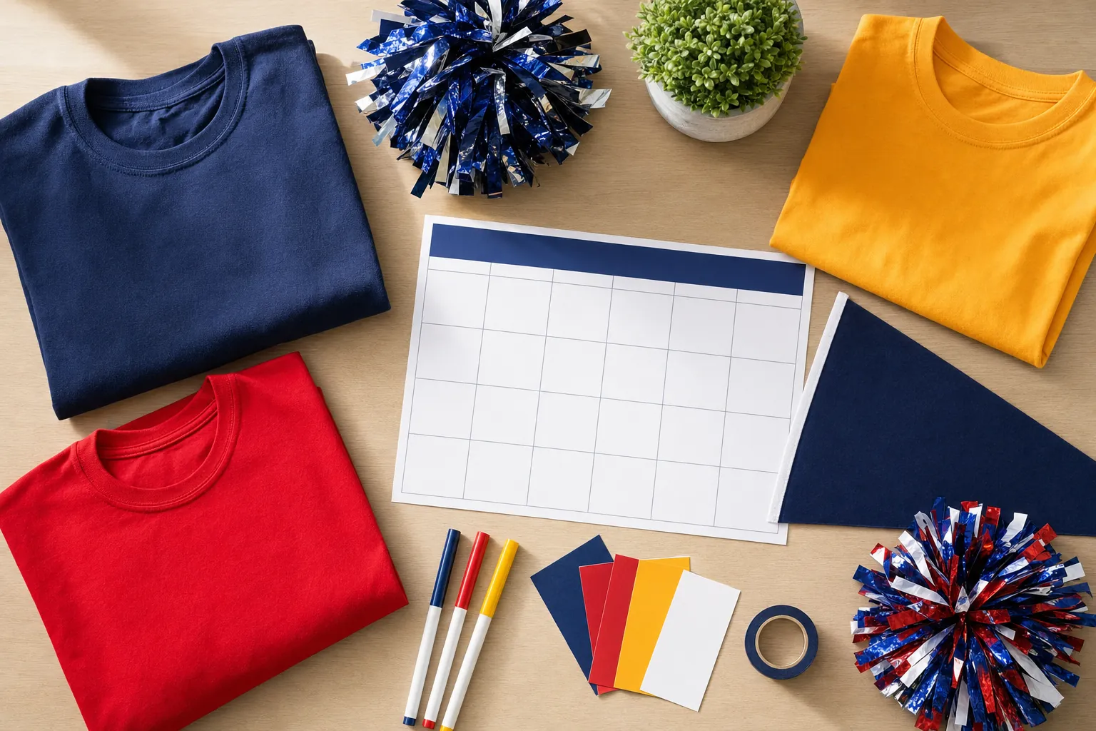 Red, navy, and gold shirts with pom-poms and a blank spirit-week planning calendar