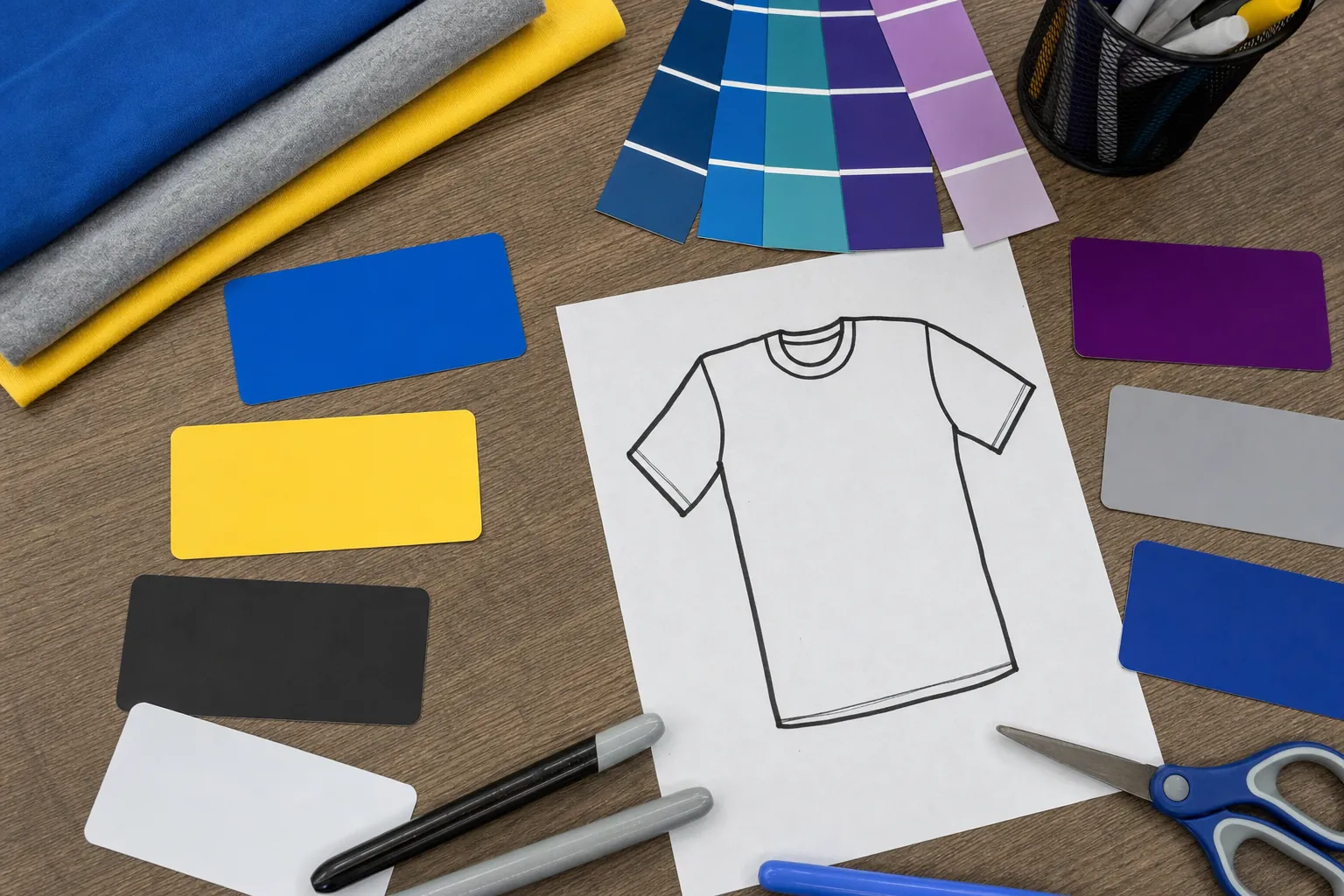 Shirt outline, colour swatches, and fabric samples for planning a spirit week design