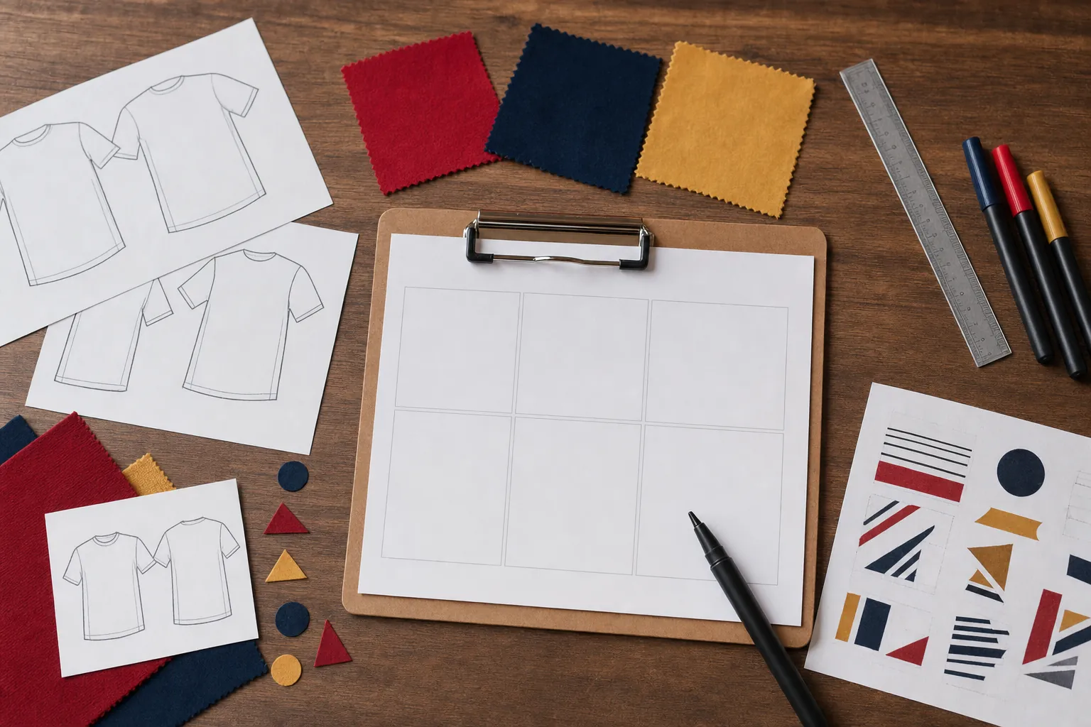Shirt sketches, fabric swatches, and a blank layout board for planning a student council shirt design