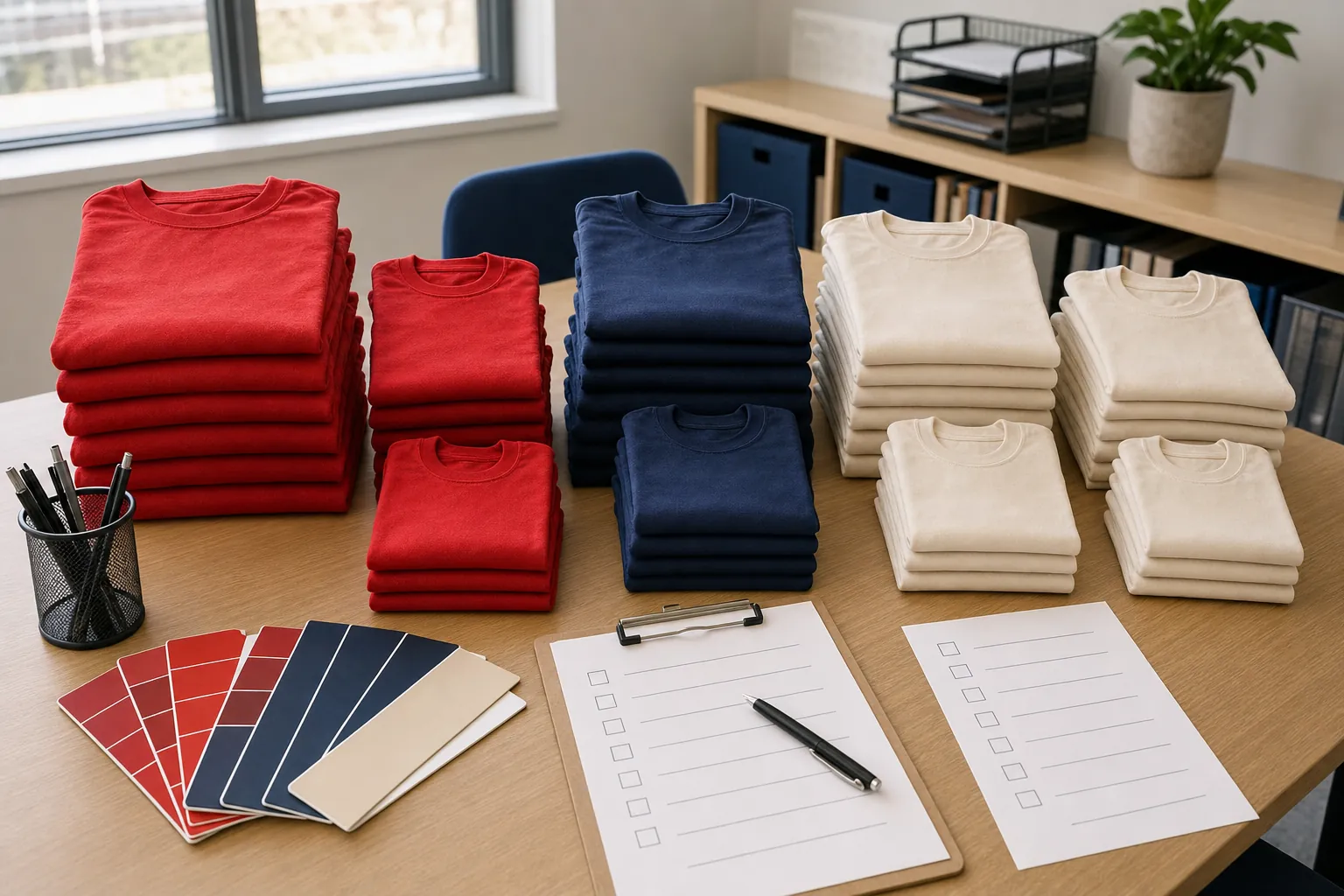 Stacks of red, navy, and cream shirts with colour samples and checklists for a school group order
