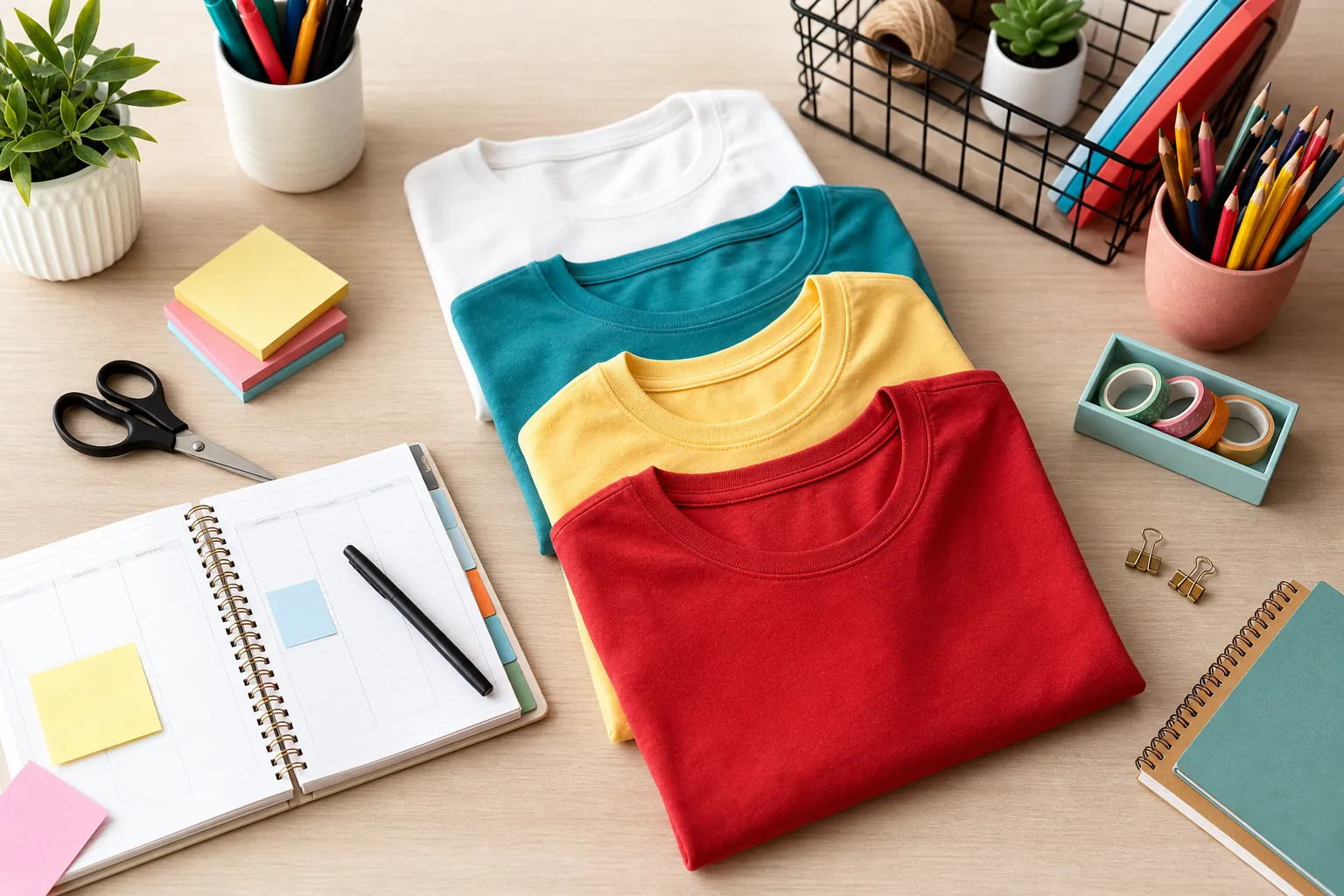 Folded blank shirts, planner, pencils, sticky notes, and classroom supplies arranged for teacher shirt planning