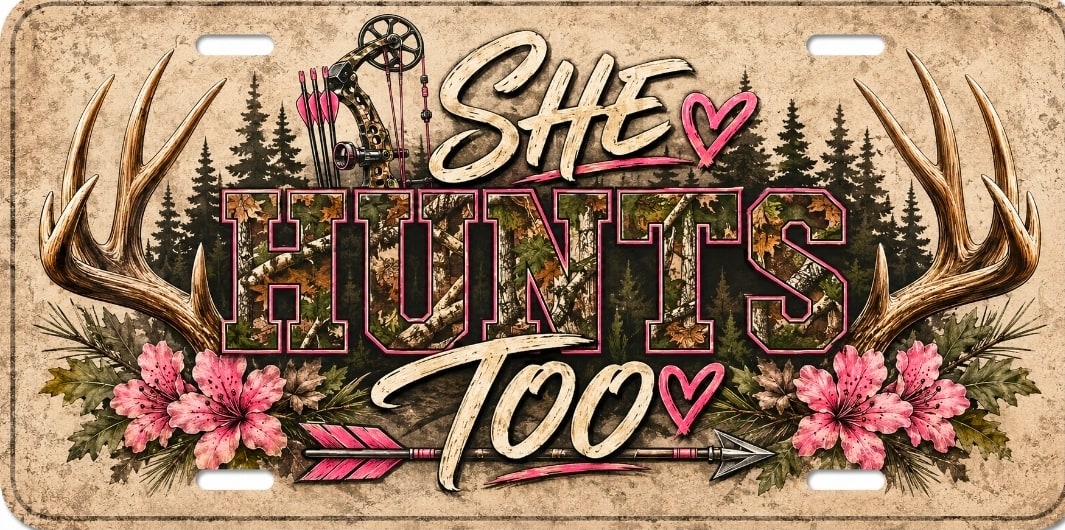 Decorative She Hunts Too license plate with camo lettering, antlers, pink flowers, and an arrow