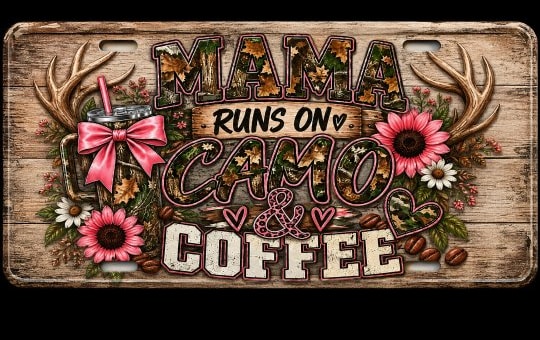 Decorative Mama Runs On Camo and Coffee license plate with camo lettering, pink flowers, and antlers