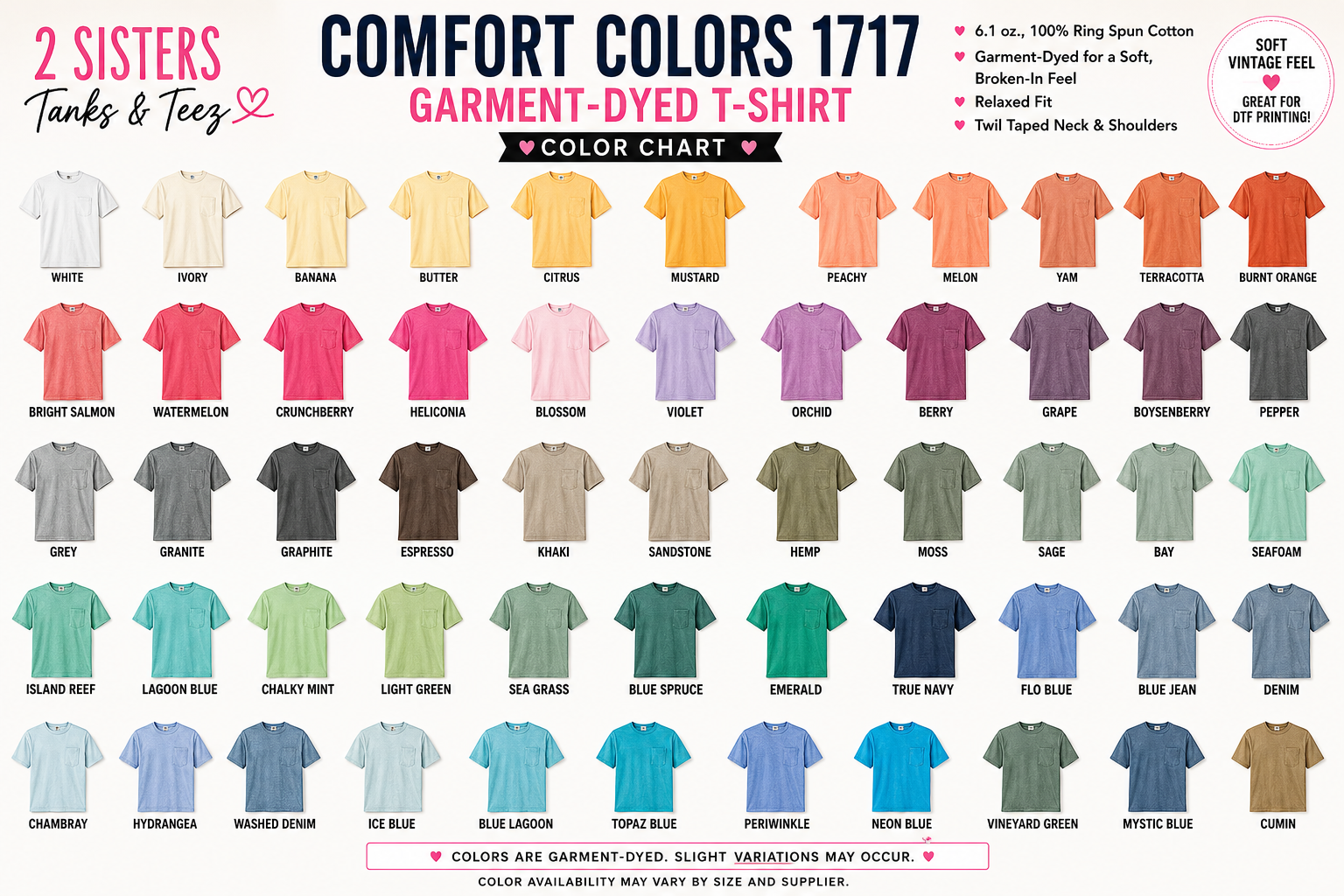 Comfort Colors Adult T-Shirt color chart