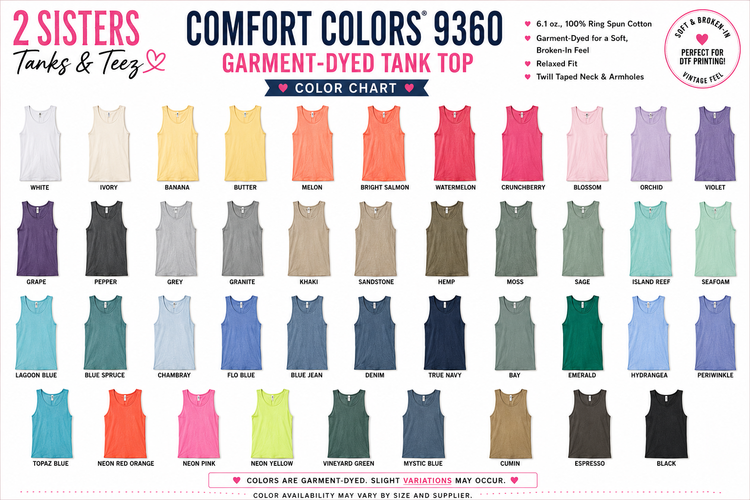 Comfort Colors Tank Top color chart