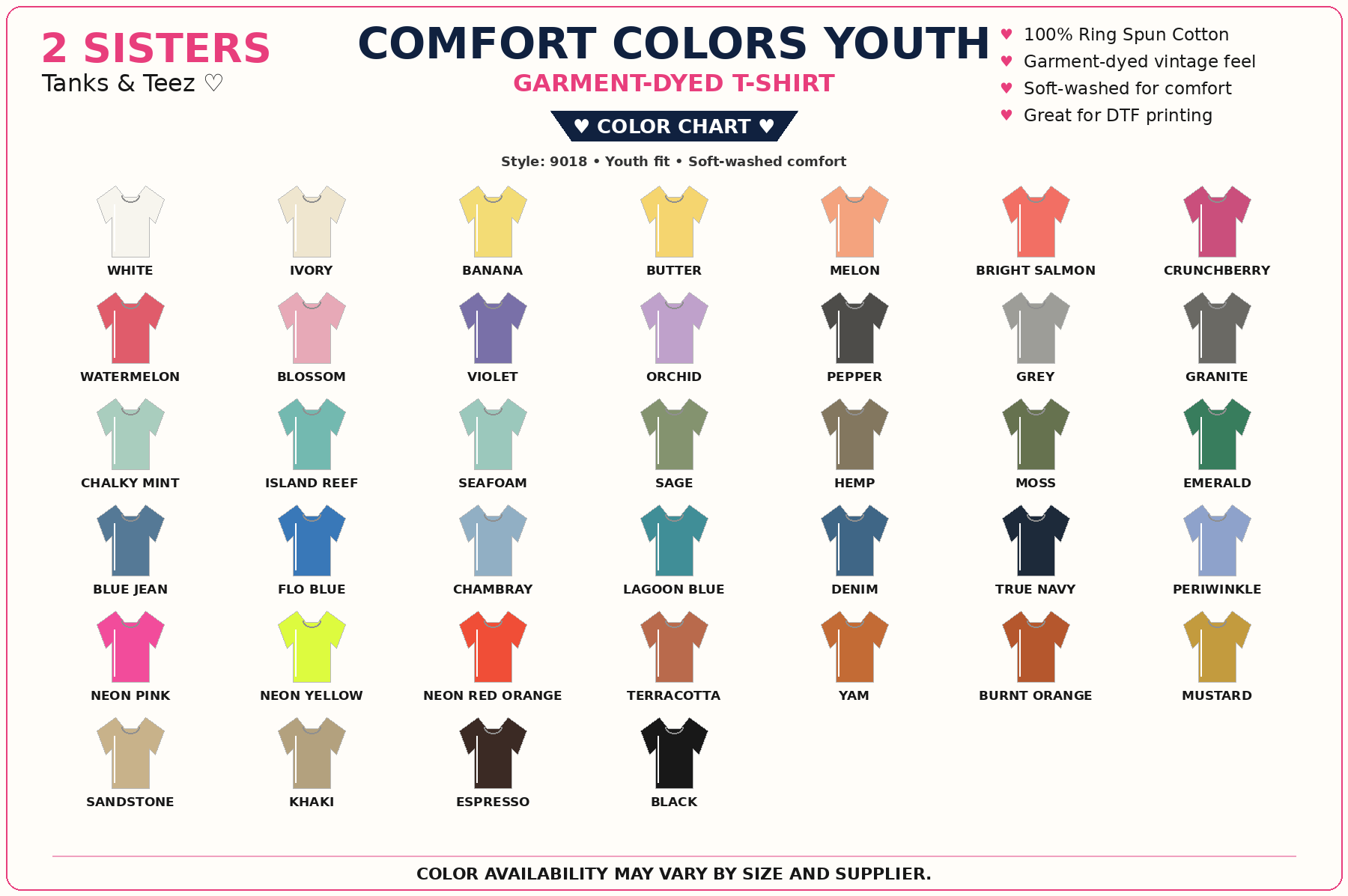 Comfort Colors Youth T-Shirt color chart