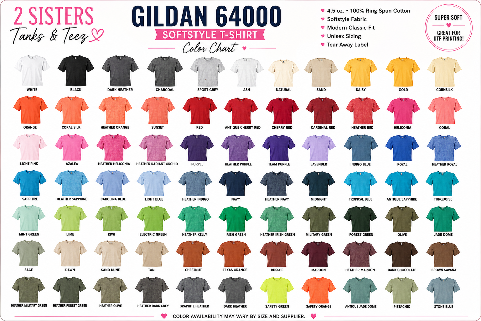 Gildan Softstyle Adult T-Shirt color chart
