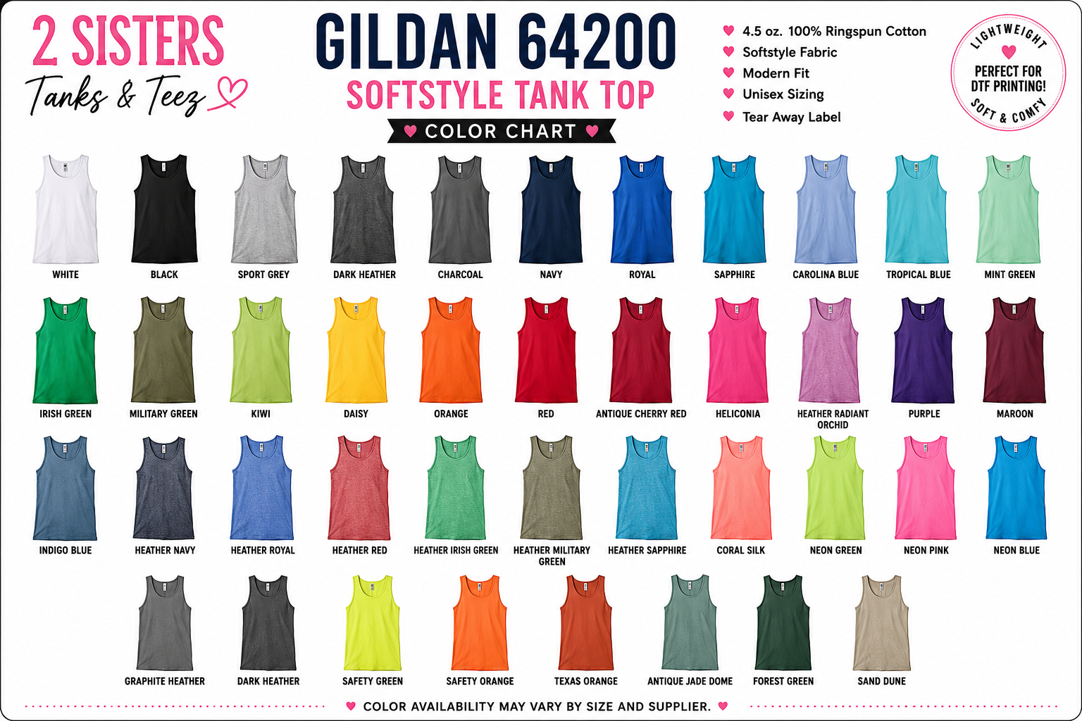 Gildan Softstyle Tank Top color chart