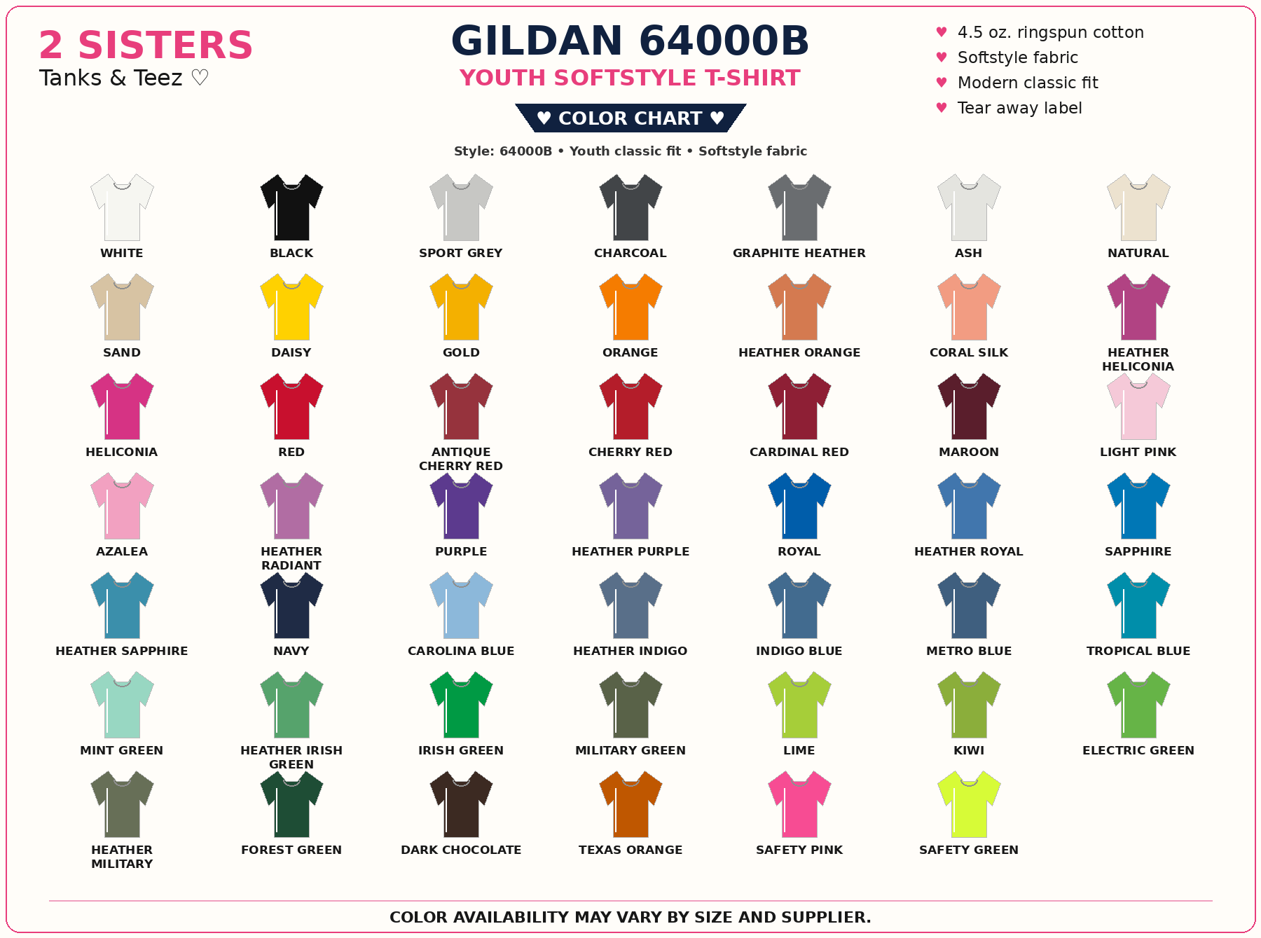 Gildan Softstyle Youth T-Shirt color chart