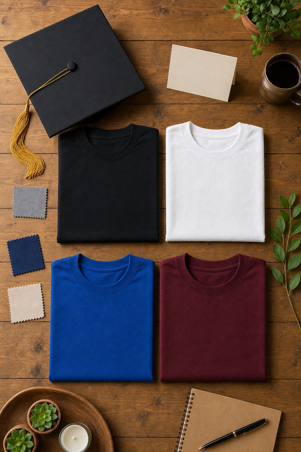 Blank black, white, blue, and maroon shirts arranged with a graduation cap for choosing group colors