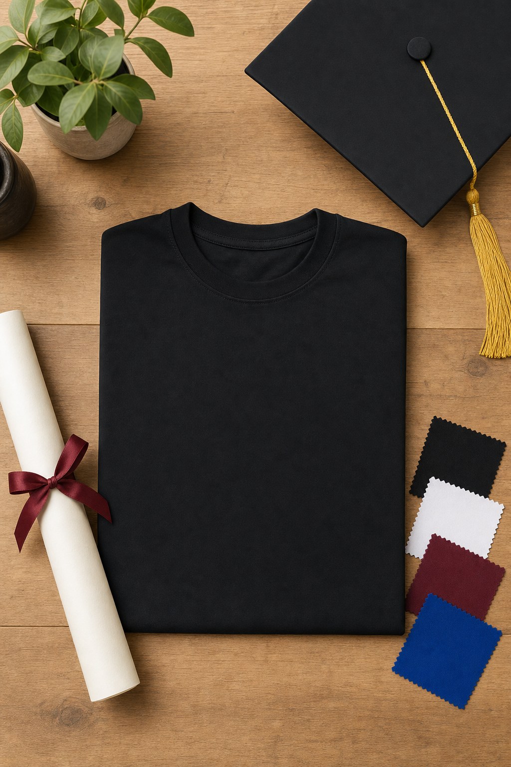 Blank black shirt beside a graduation cap, diploma, and fabric swatches for planning a graduation order