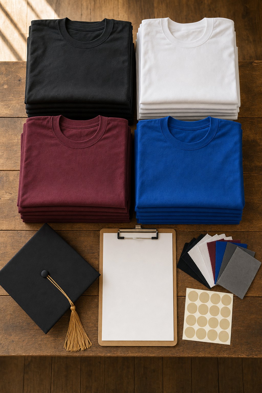 Organized stacks of blank graduation shirts with a graduation cap, color swatches, and a blank order sheet