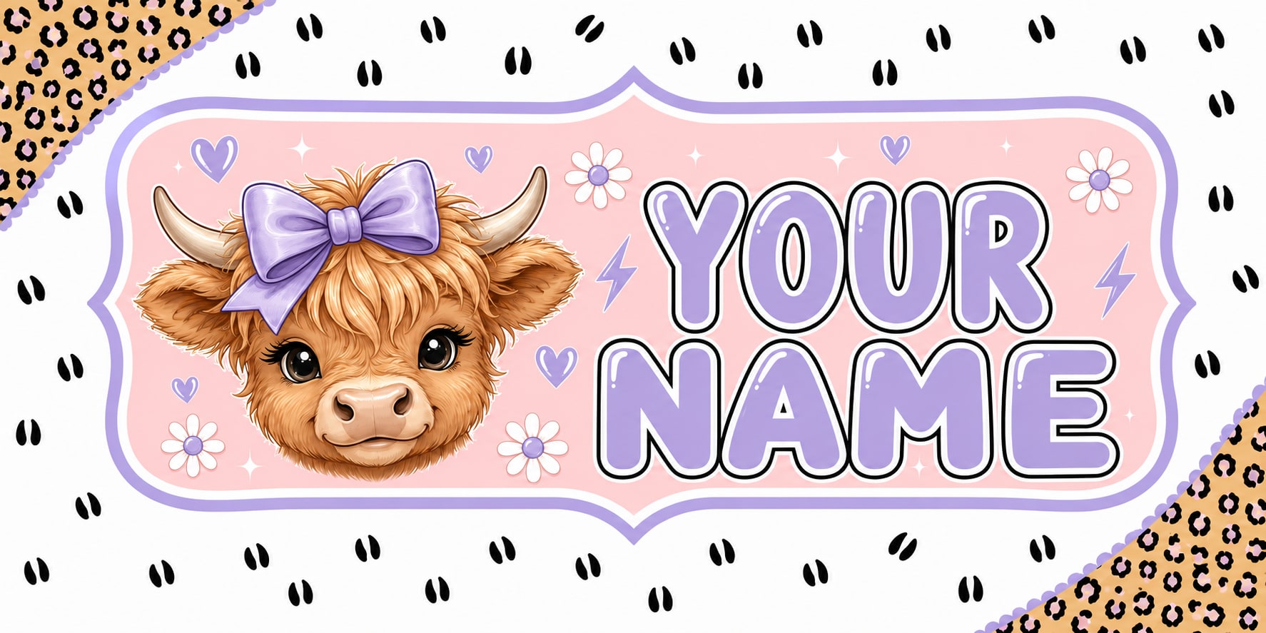 Pink and lavender custom license plate with a Highland cow and Your Name lettering