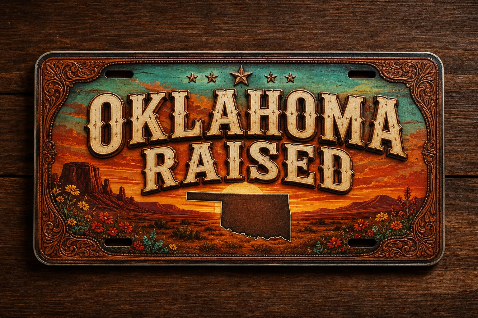 Rustic Oklahoma Raised custom license plate with a sunset landscape and Oklahoma silhouette