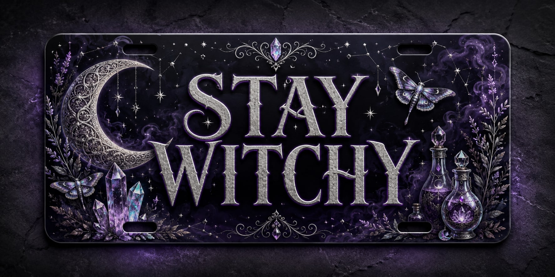Black and purple custom license plate with silver Stay Witchy lettering, moons, crystals, and butterflies