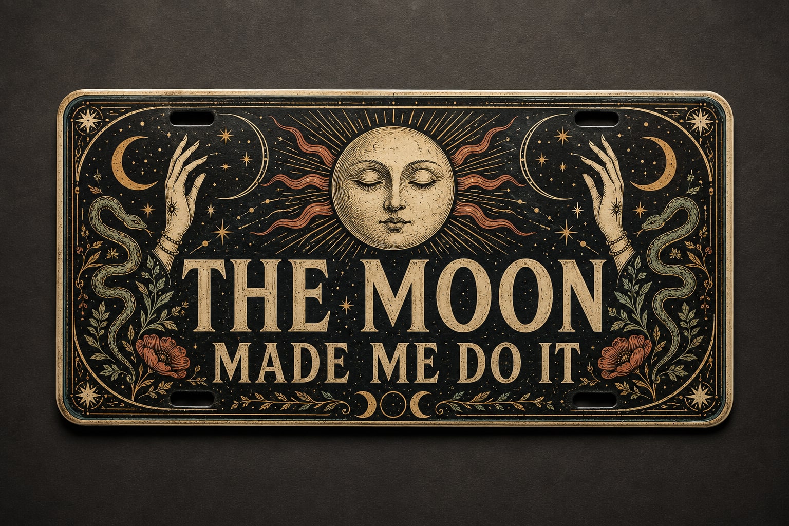 Black celestial custom license plate with gold moon, stars, hands, snakes, and Moon Made Me Do It lettering