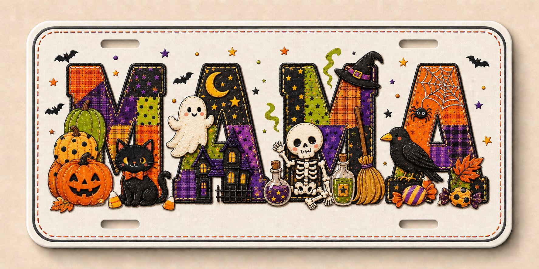 White custom license plate with colorful Halloween Mama lettering, pumpkins, cat, ghost, and witch details