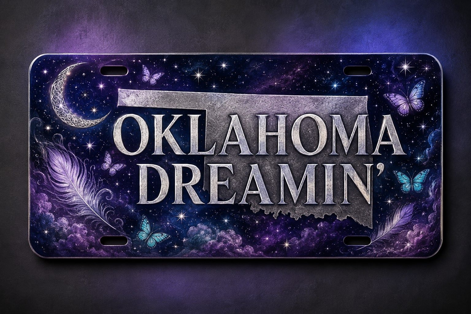 Purple Oklahoma Dreamin' memorial license plate with butterflies, feathers, and a starry sky