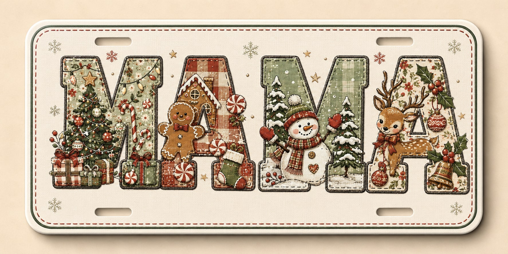 Christmas Mama custom license plate with a snowman, gingerbread, reindeer, and holiday decorations