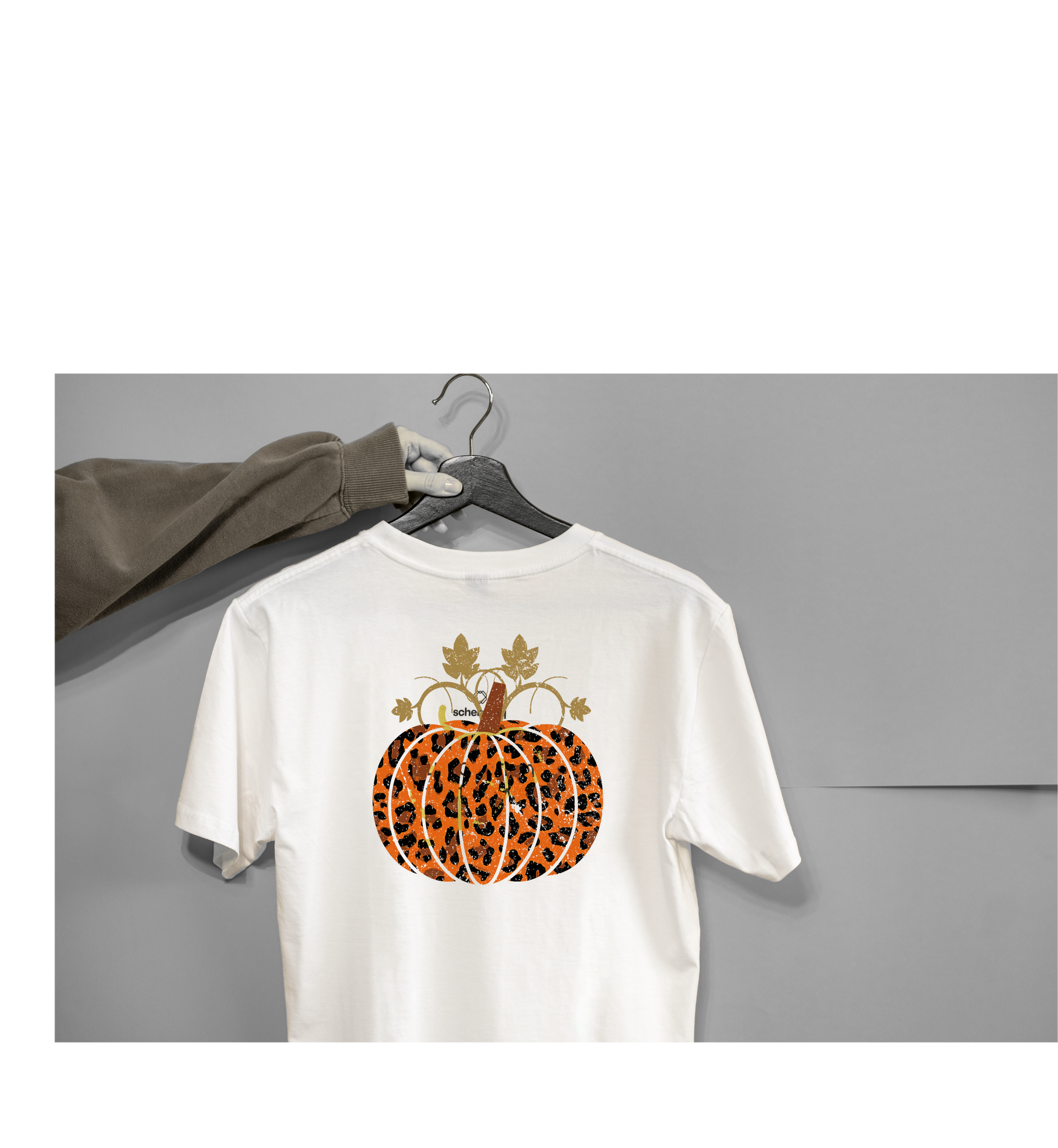 White t-shirt with leopard pumpkin design. 2 Sisters Tanks Teez and More.