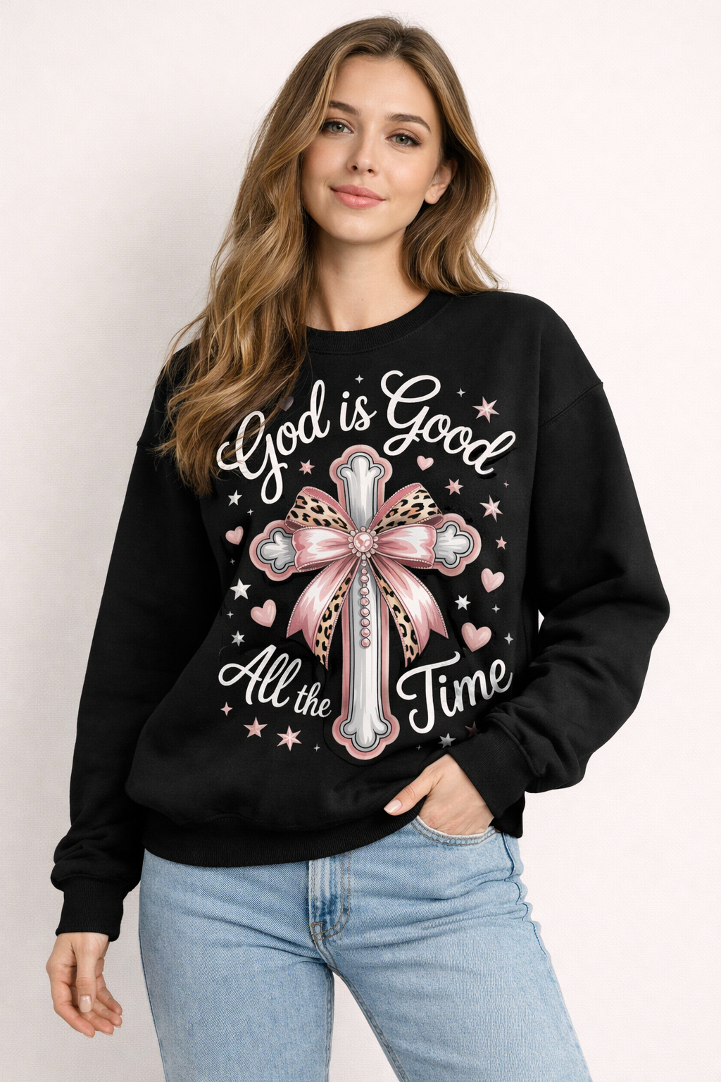 God Is Good All The Time Leopard Cross Sweatshirt from 2 Sisters Tanks, Teez & More