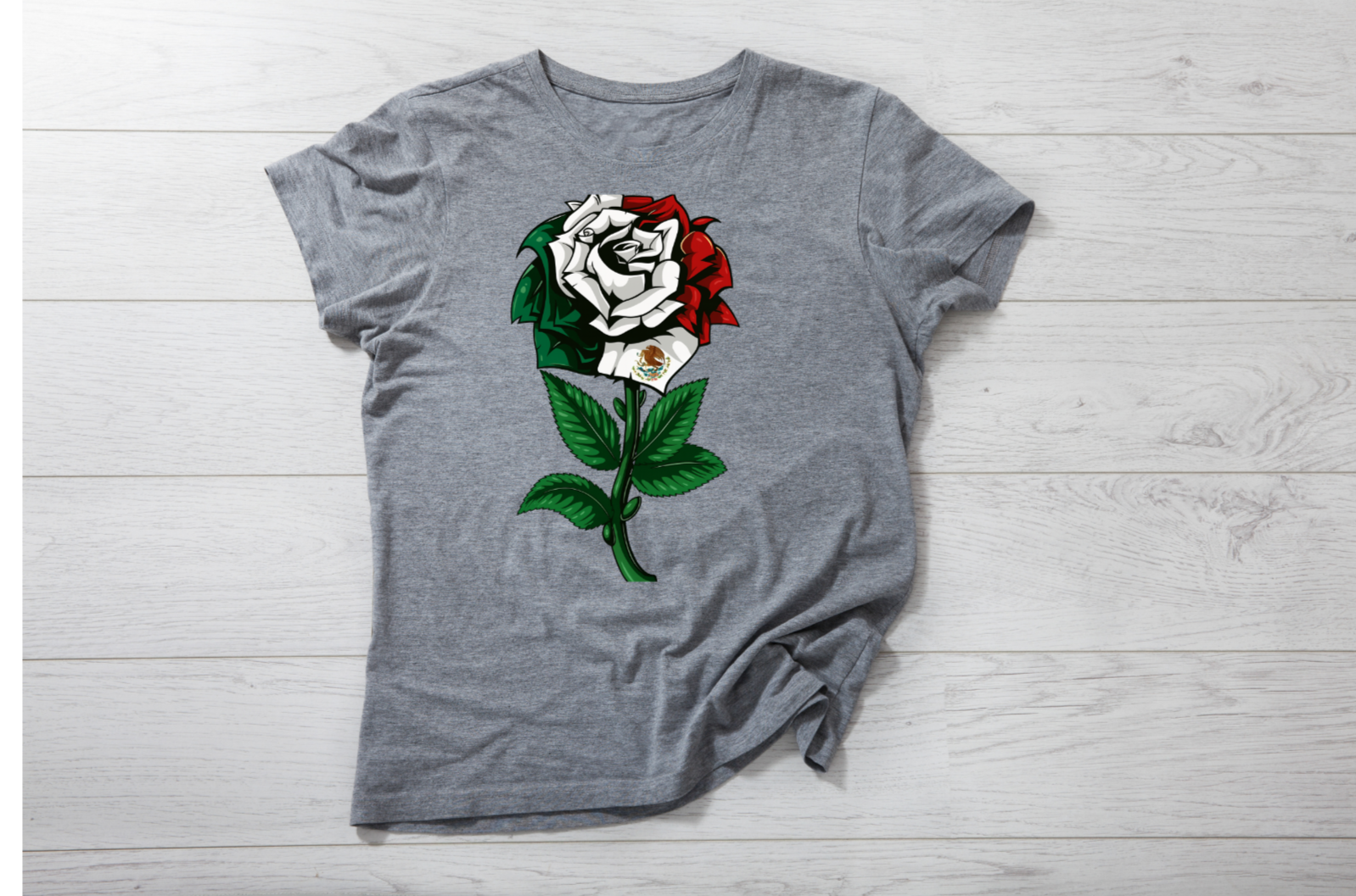 Gray t-shirt with Mexican flag rose graphic design. 2 Sisters Tanks Teez and More