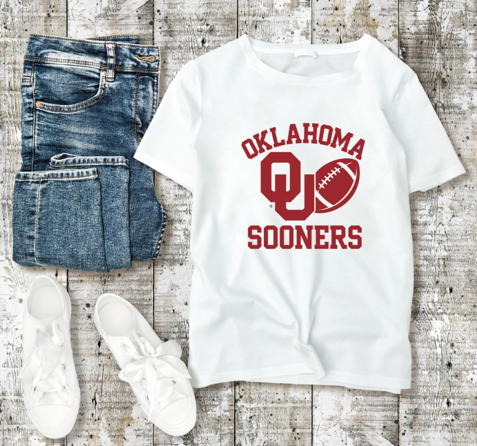White Oklahoma Sooners t-shirt, jeans, and shoes. 2 Sisters Tanks Teez and More