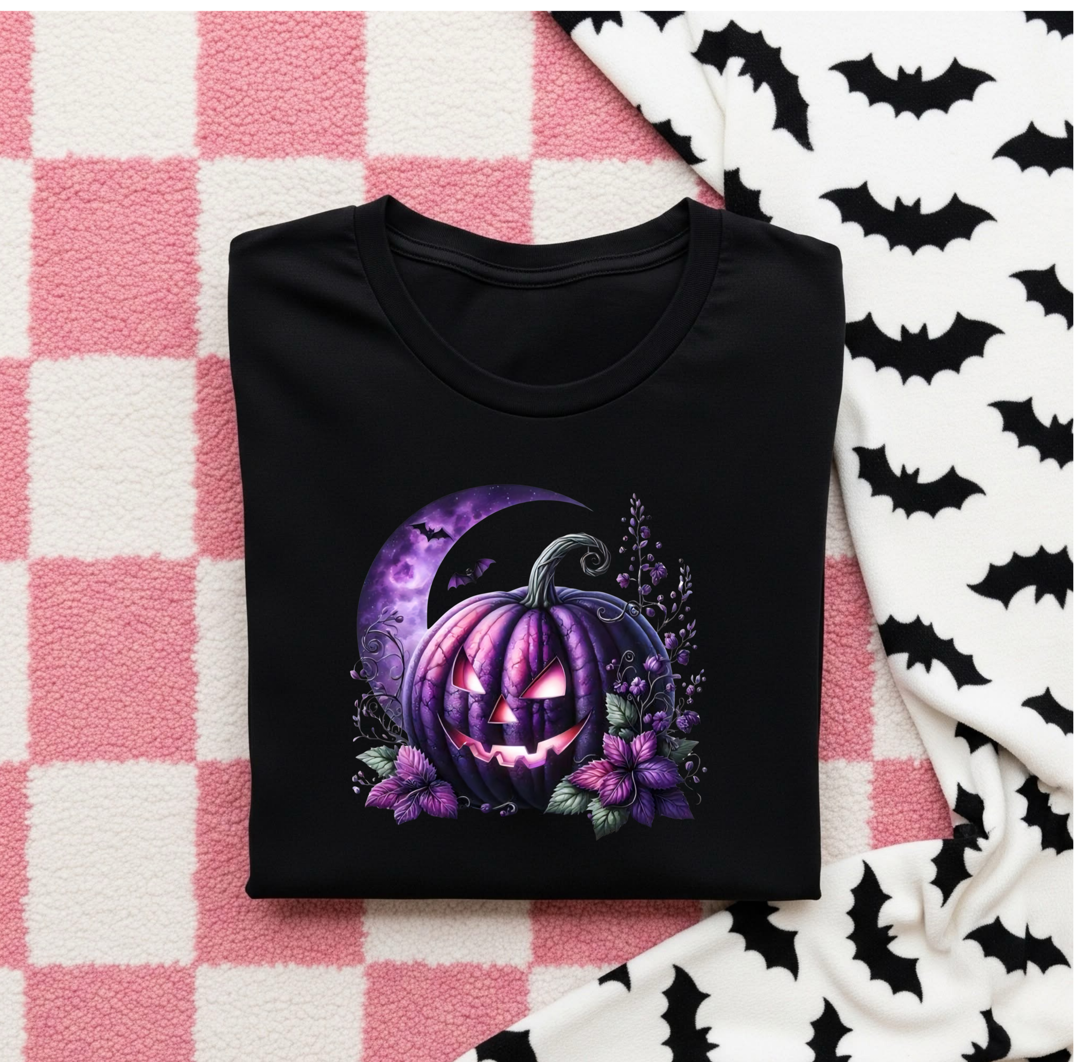 Folded black tee shirt with purple pumpkin design and floral accents.