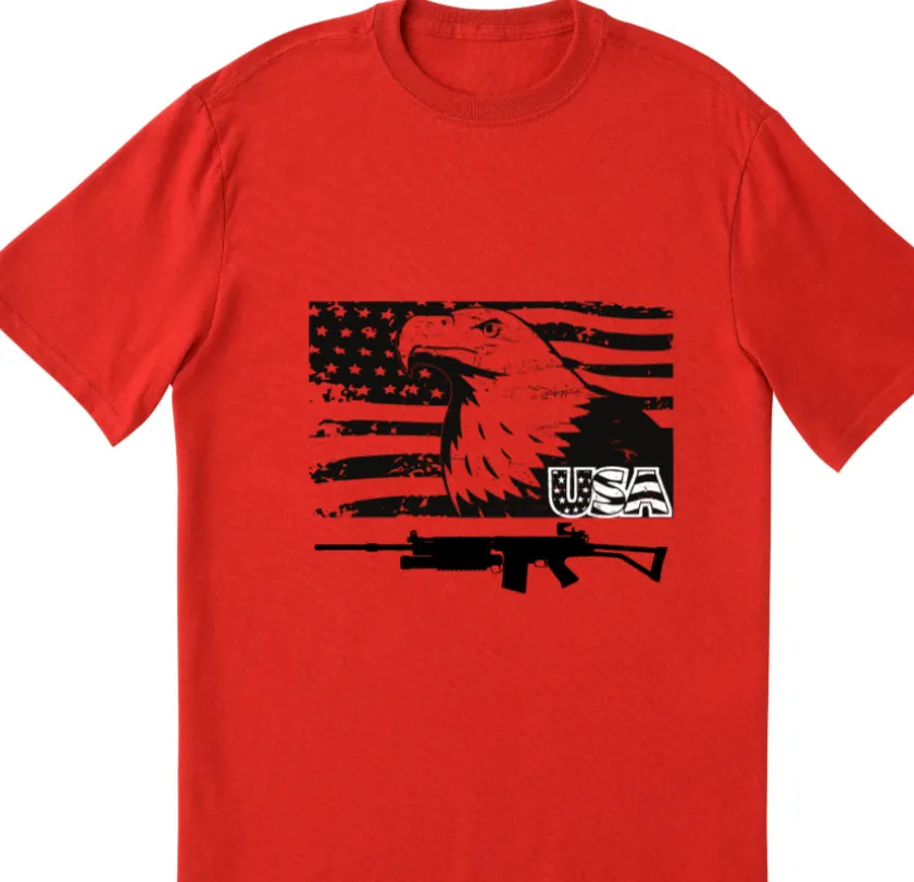 Red tee shirt: American flag, eagle, rifle, and 50 USA text.