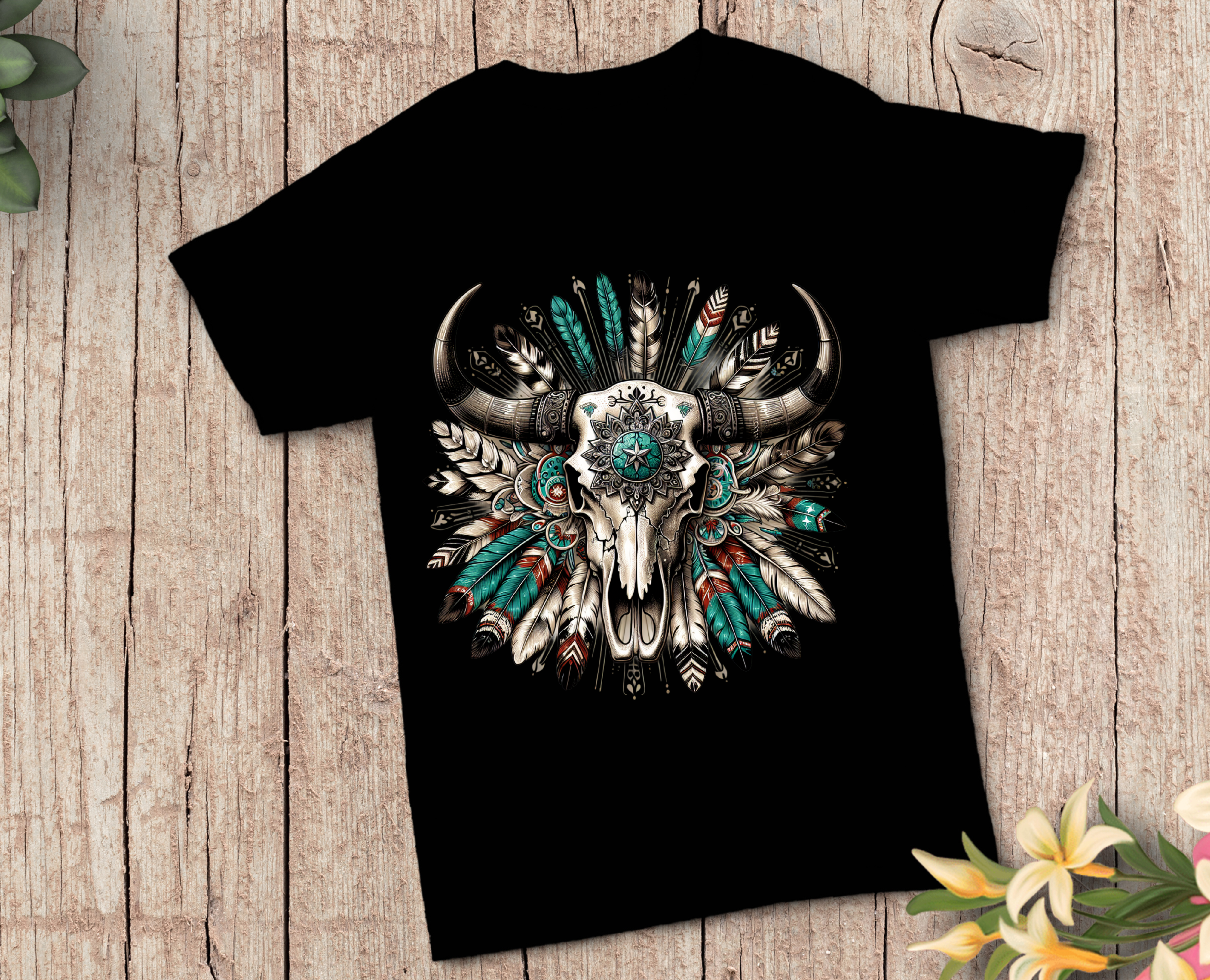 Black tee shirt with bull skull and feather design, 2 Sisters Tanks Teez and More.