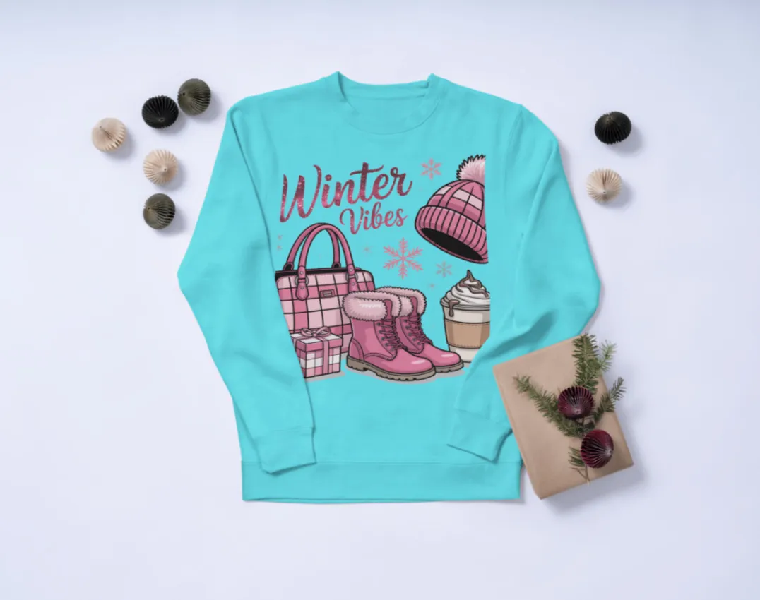 Turquoise long-sleeve shirt with "Winter Vibes" and winter-themed images