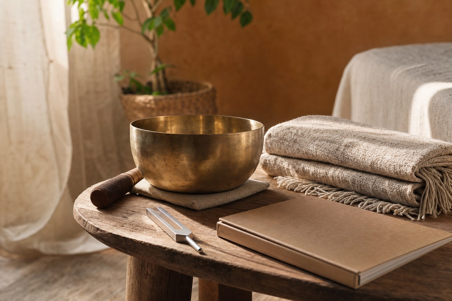 A singing bowl and tuning fork on a wooden table beside folded blankets