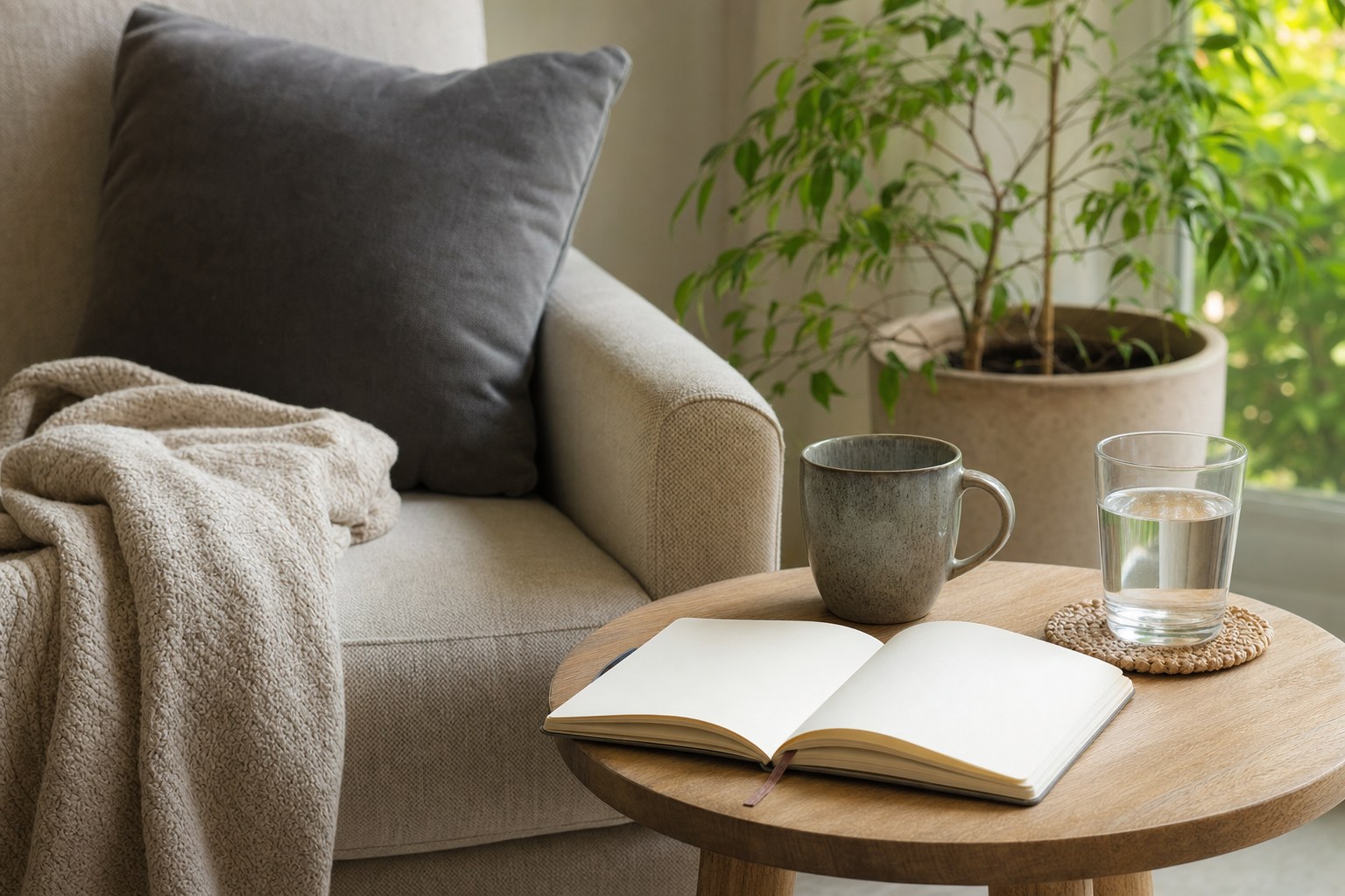 A comfortable armchair beside a table with a blank notebook, mug, and glass of water