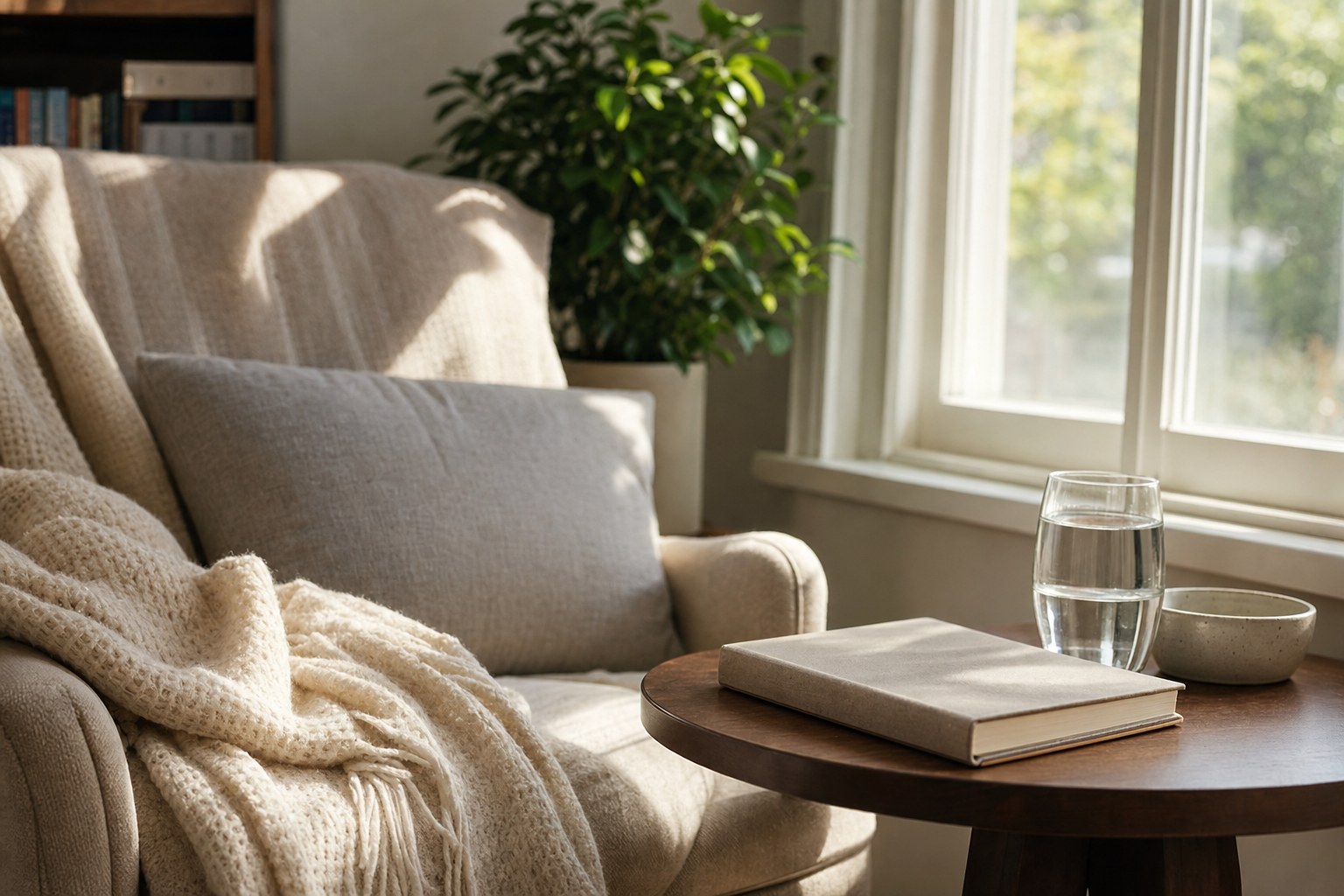 A quiet chair, water, and journal beside a sunny home window
