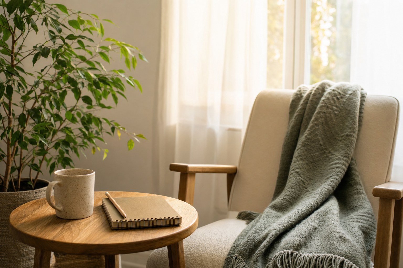 A comfortable chair, blanket, journal, and tea prepared near a sunny window