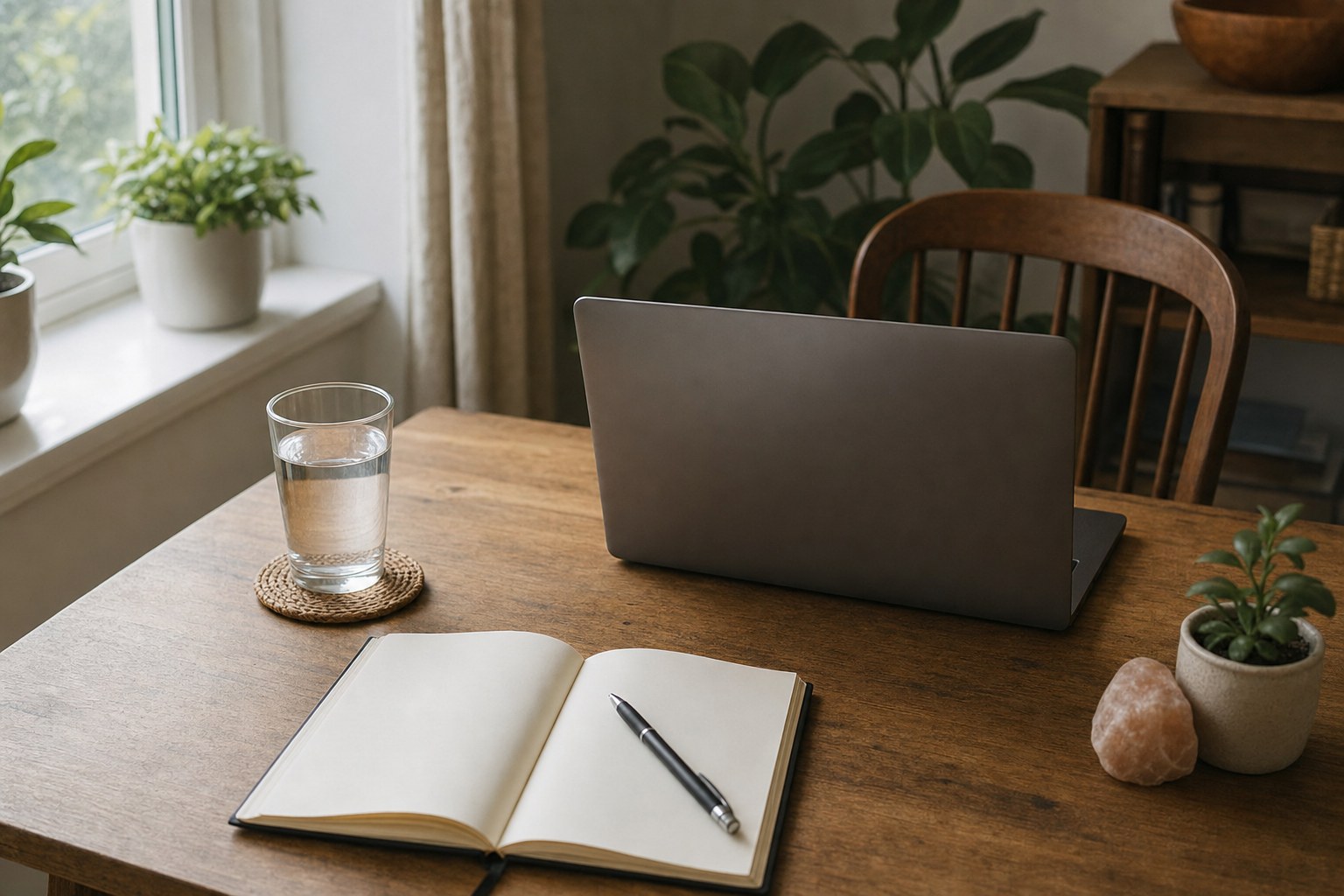 A notebook, water, and laptop prepared on a quiet home table