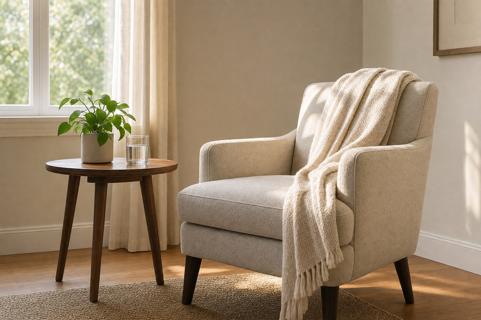A cushioned chair, blanket, water, and plant in a calm home corner