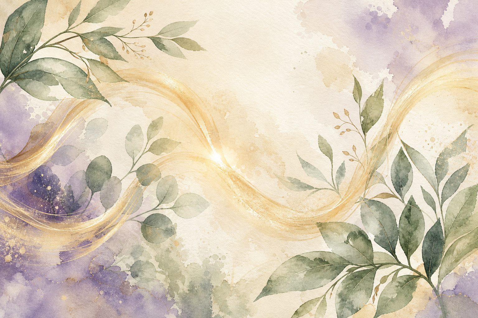 Watercolor leaves and a flowing golden ribbon symbolizing universal energy and calm