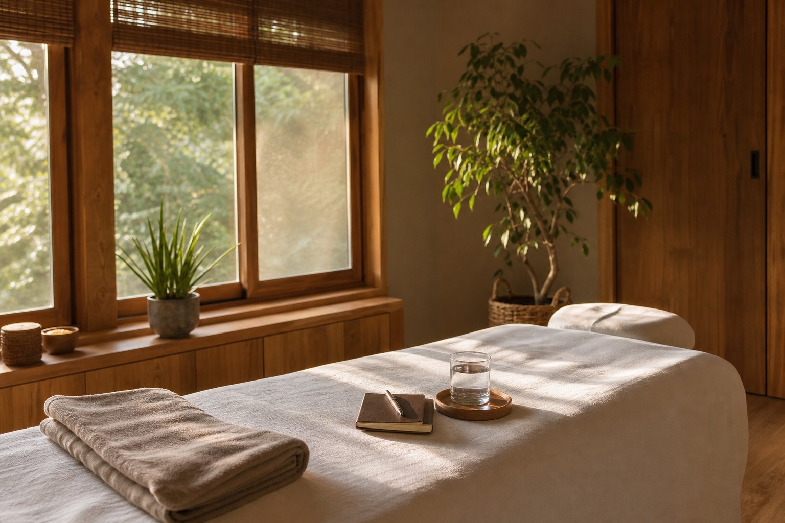 A calm wellness room with a prepared table, water, and a journal after a Reiki session