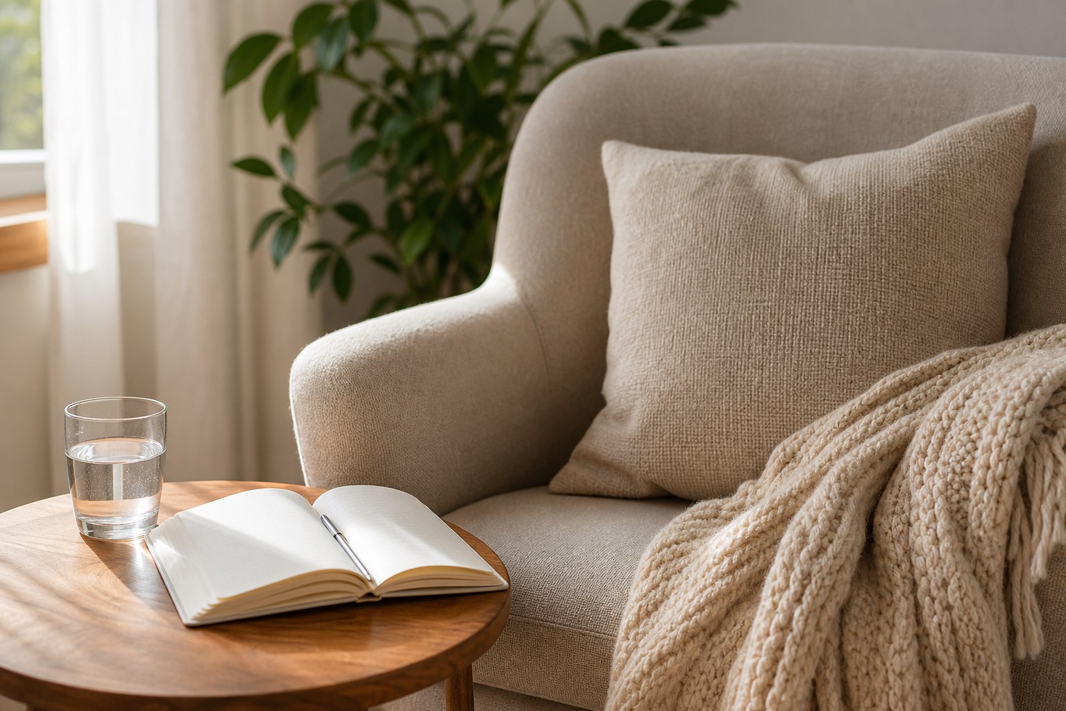 A comfortable chair with water, a journal, and a soft throw in a bright quiet room