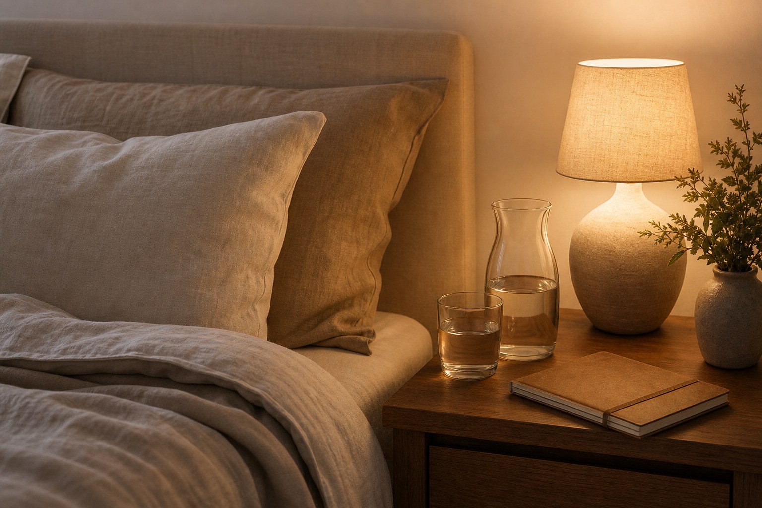 A restful bedroom corner with linen bedding, water, and a journal on a bedside table