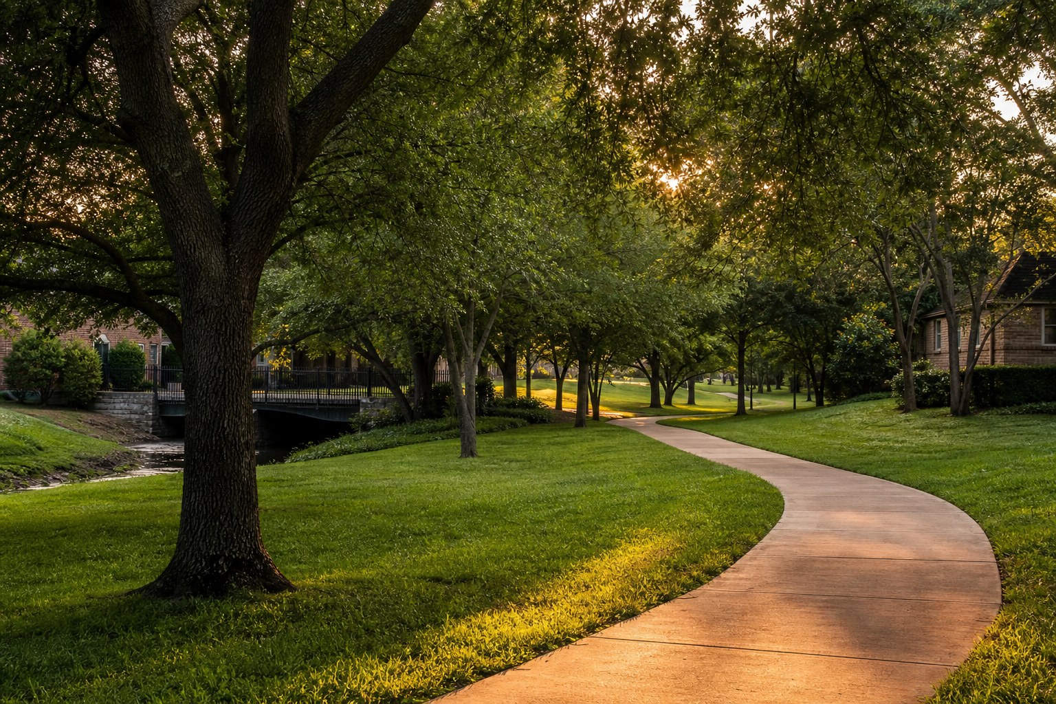 A quiet tree-lined walking path in soft evening light