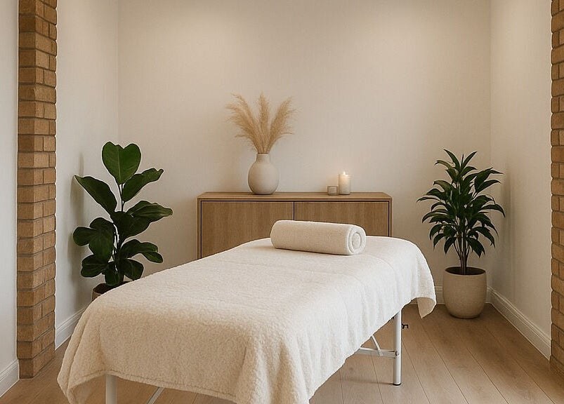 A calm wellness treatment room with a prepared table and soft natural light