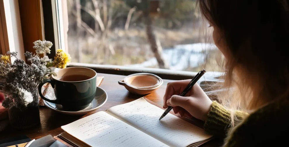 A notebook, tea, and flowers on a table in soft window light