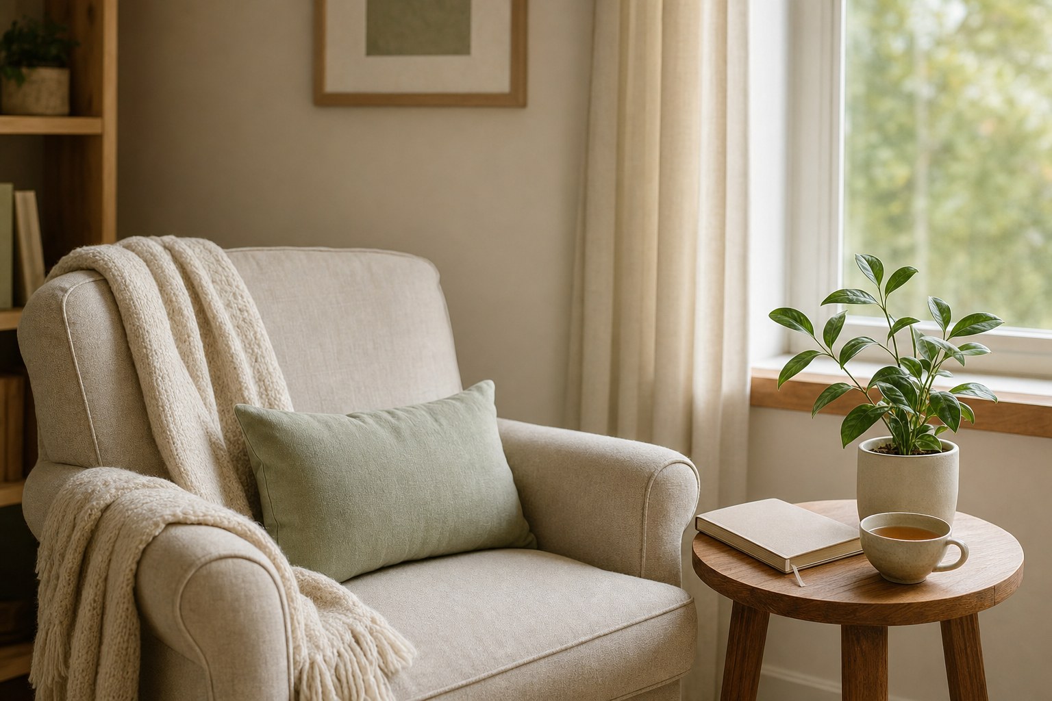 A quiet reading chair with a notebook, tea, and a leafy plant