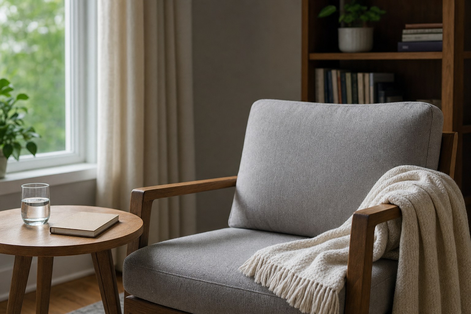 A comfortable chair with a folded blanket, water, and notebook beside a window