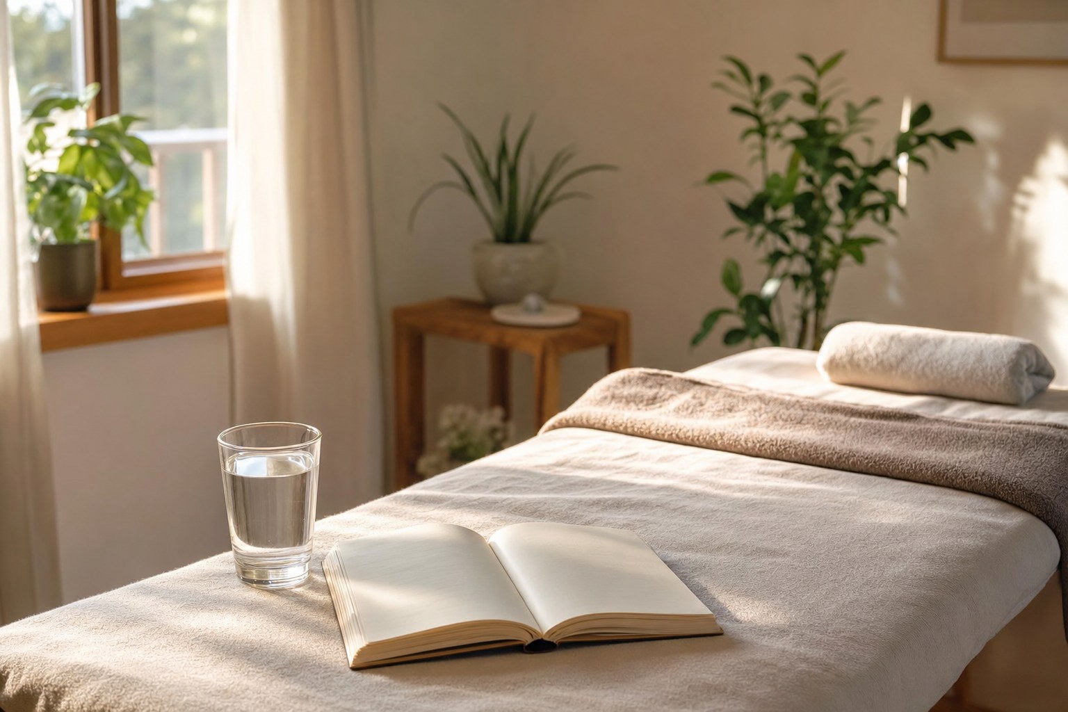 A quiet treatment table with an open notebook and glass of water in morning light