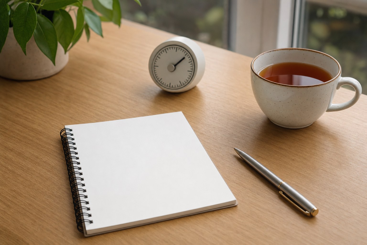 A blank notebook, pen, timer, and cup of tea on a sunlit wood desk