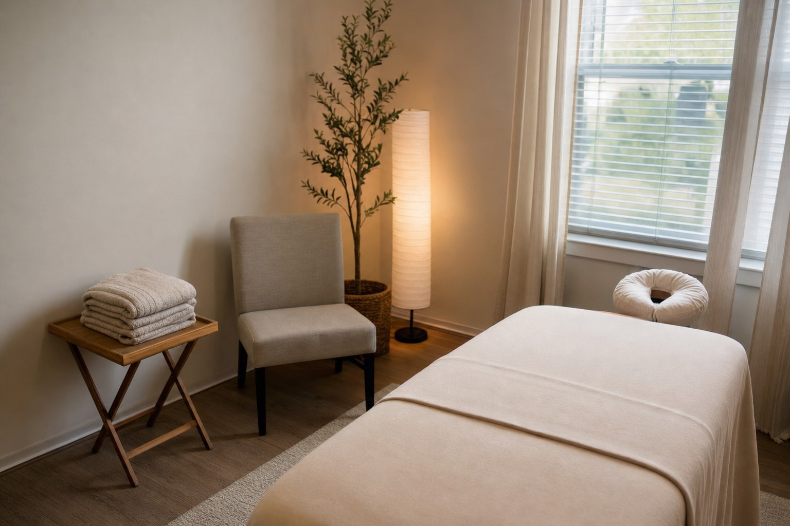 A private wellness room with a prepared treatment table, folded blankets, and a chair